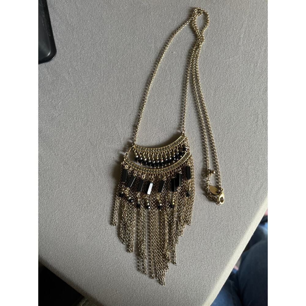 Charming Charlie Tassle Necklace Long Golden Black Rhinestones